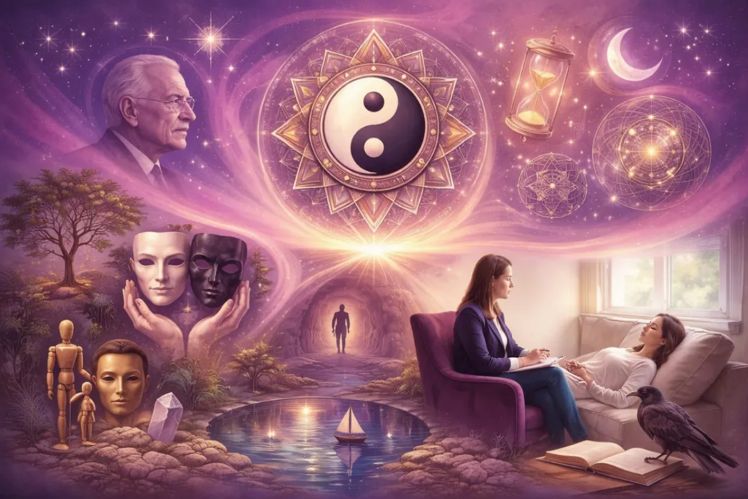 Arte representando a Psicologia Analítica Junguiana no Instituto Cintia Balotta: Carl Jung, arquétipos, Sombra, Persona e jornada de individuação